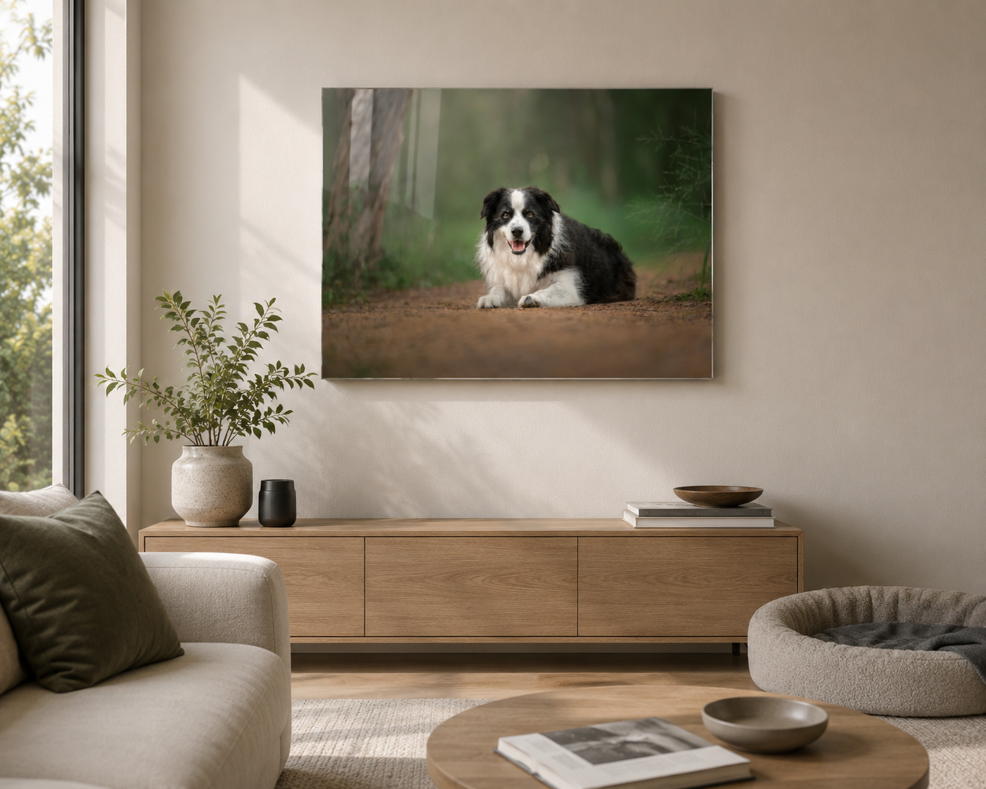Hero Glass panel mounted on wall in living room — Top Dog Photography